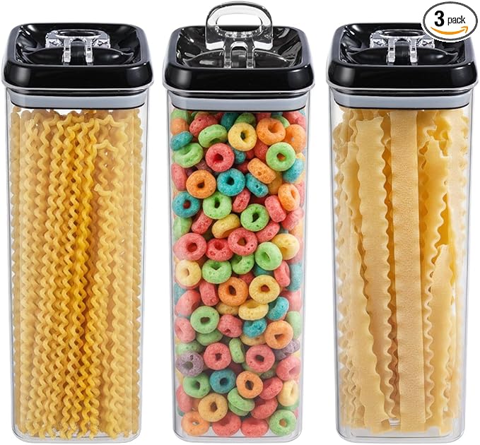 Felli Flip Tite TALL Storage Container with Lid 4" Air Tight Easy Open Ring Top, Clear Acrylic Skinny Canister Jar for Spaghetti Lasagna Fettuccine Noodle, Kitchen Cupboard Pantry Organizer (2.0 qt)