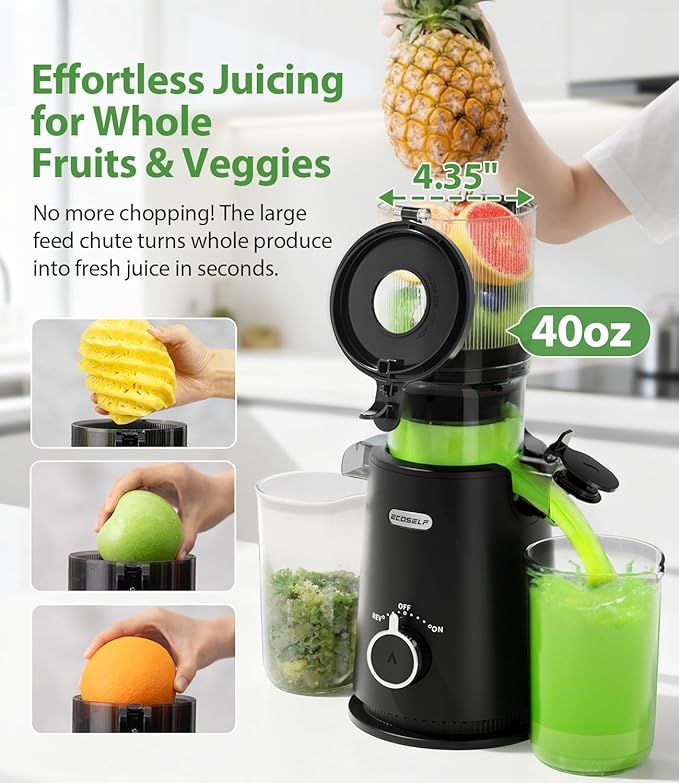 ECOSELF Cold Press Juicer - Large Mouth Hopper For Whole Fruits & Vegetables - Juicer Machines with Hands-Free Design - Slow Masticating Juicers High Juice Yield With Pusher - For Party Gathering