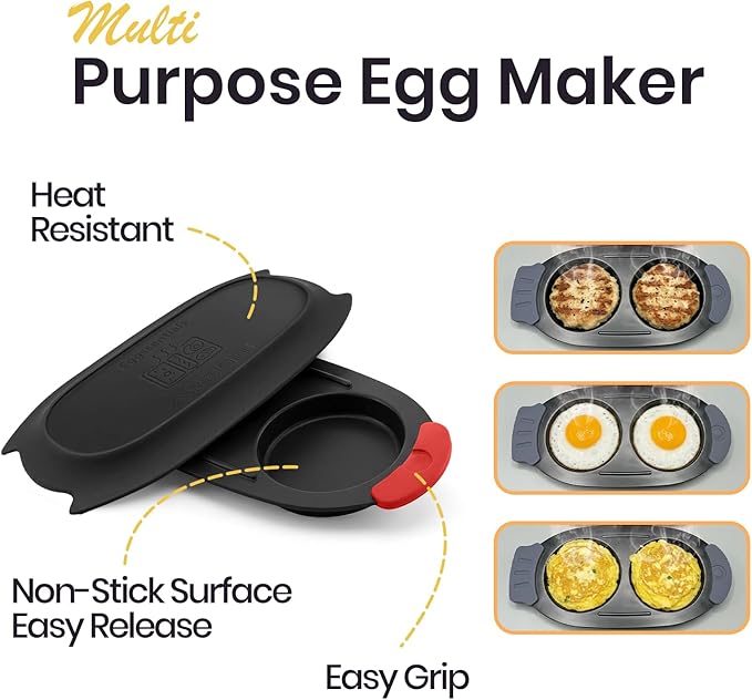 Eggssentials - Microwave Egg Cooker for 2 Eggs, Non-Stick Egg Maker with Silicone Lid, Easy Egg Cooker and Omelette Maker for Quick Breakfast, Durable and Easy to Clean Design, Black Color