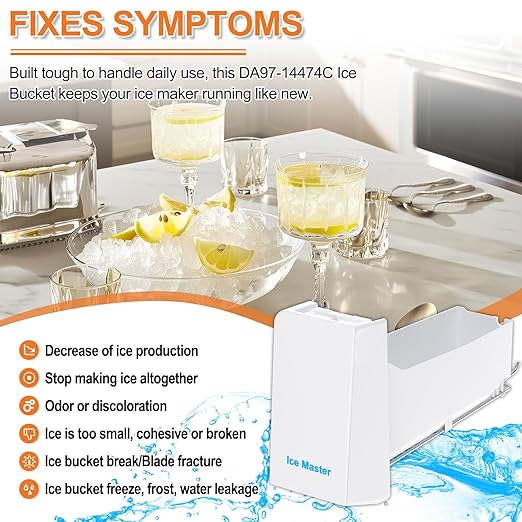 Upgraded DA97-14474A DA97-14474C Ice Bucket Compatible with Samsung Ice Bucket Replacement Samsung Ice Maker Tray Parts RF28HMEDBSR RF263BEAESR RF265BEAESR RF26J7500SR Refrigerator Ice Container Bin