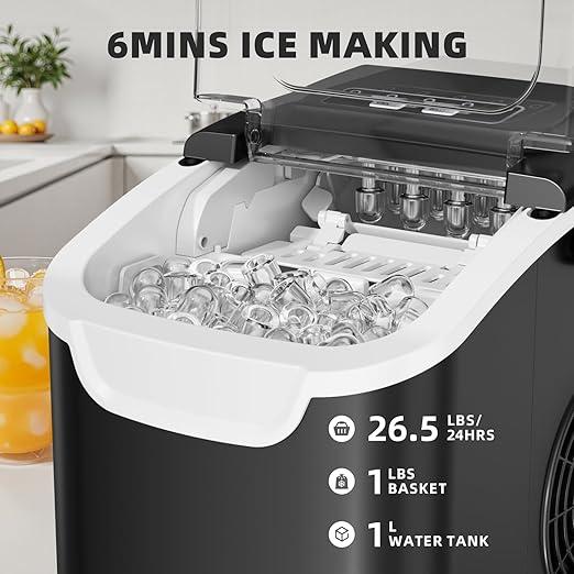 Antarctic Star Countertop Ice Maker, Portable Ice Machine with Carry Handle, 27Lbs/24H, 2 Sizes Bullet Ice, 8Cubes in 6 Mins Office/Kitchen/Bar Black