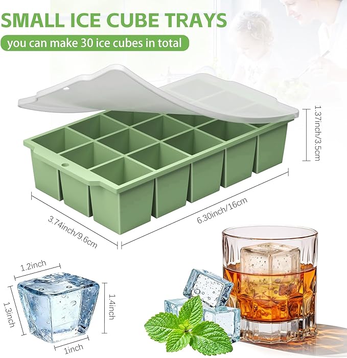 Silicone Ice Cube Tray with Locks Lids, Easy Release Flexible 15 Square Ice Trays for Freezer, Stackable & Reusable Ice Cube Mold for Whiskey, Cocktails, Baby Food, BPA Free, 2 Pack (Green)