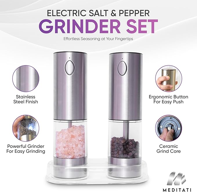 Rechargeable Automatic Salt and Pepper Grinder Set - One Hand Operation with LED Light for Precise Seasoning - Adjustable Coarseness with Ceramic Core - Set of 2