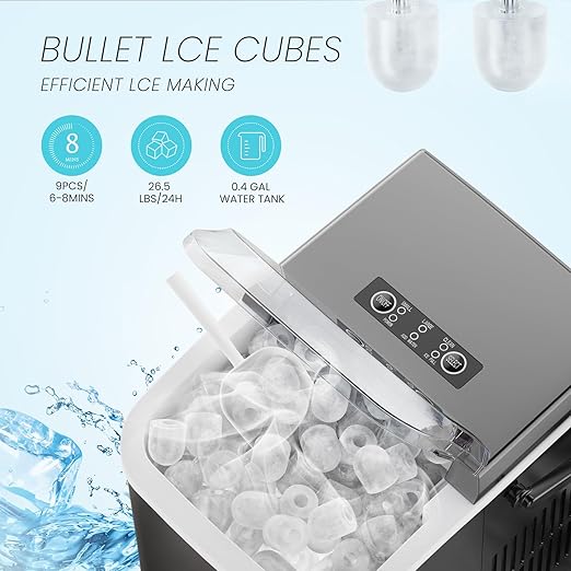 Ice Makers Countertop, Portable Ice Machine with Handle, 6 Mins 9 Bullet Ice Cubes with Basket and Scoop, 26lbs in 24Hrs, Auto-Cleaning, for Home, Kitchen, RV, Camping, Black