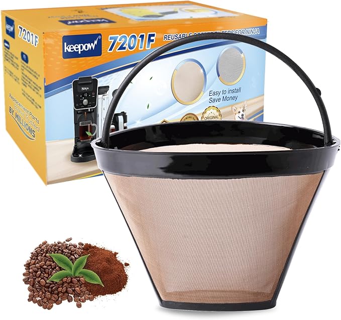 KEEPOW Reusable Coffee Filter Replacement 8-12 Cup, Compatible with Ninja & Cuisinart Coffee Makers, #4 Cone Gold Tone Coffee Filter Basket
