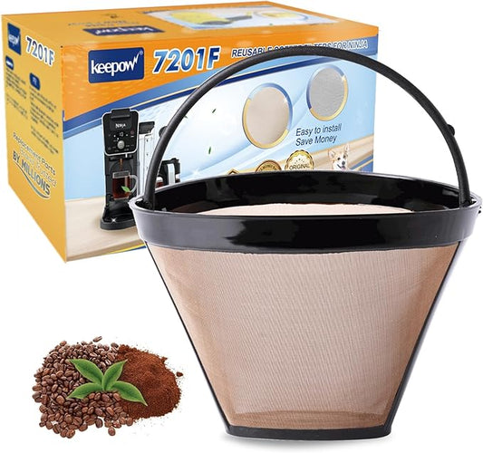 KEEPOW Reusable Coffee Filter Replacement 8-12 Cup, Compatible with Ninja & Cuisinart Coffee Makers, #4 Cone Gold Tone Coffee Filter Basket