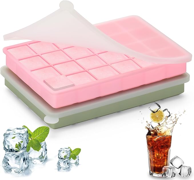 Silicone Ice Cube Tray, Easy Release Flexible Ice Cube Tray with Removable Lid, 24 Small Ice Cub Per Tray for Whiskey, Freezer, Cocktail, Reusable & BPA Free (Pink+Green)