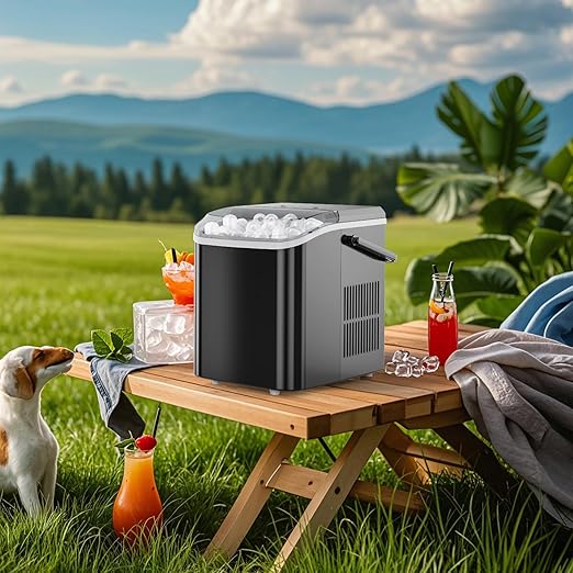 NEWBULIG Ice Makers Countertop with Handle, Portable Ice Machine, 9 Bullet Ice Cubes in 6 Mins, 26lbs in 24Hrs, Auto-Cleaning, with Basket and Scoop, for Home, Kitchen, RV, Camping,Black
