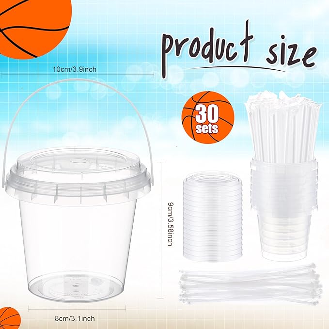Funnymoom 30 Set Basketball Drink Buckets with Lids and Straws Clear Plastic Cups Disposable Rum Cocktail Pails with Handles & Stickers for Adult Sports Watch Party Favors Hoops Game Day & Tailgate