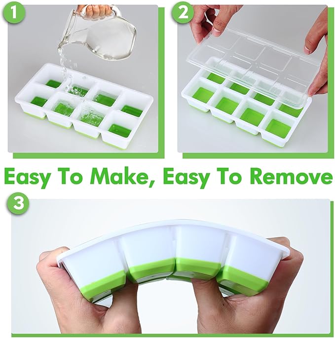 Ice Cube Trays 4 Pack, JRISBO Large Silicone Ice Cube Molds with Leak-Proof Lid, TPE Frame & Easy Release Bottom, Stackable Freezer Ice Trays for Whiskey, Cocktails, Soup, BPA Free