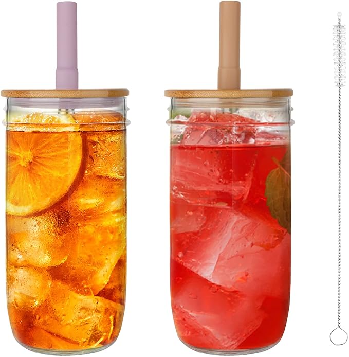 Glass Tumbler with Lids and Straws 2 Pack, 24oz Glass Drinking Jars with Lids and Straws,Reusable Wide Mouth Mason Jar Iced Coffee Cup,Smoothie Cup Coffee Travel Mug for Car/Home
