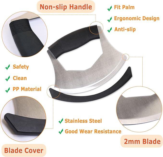 XoYoZo Salad Chopper Mezzaluna Knife with Protective Cover and Anti-Slip Handle - Stainless Steel Vegetable Cutter, Onion Chopper, Pizza Cutter
