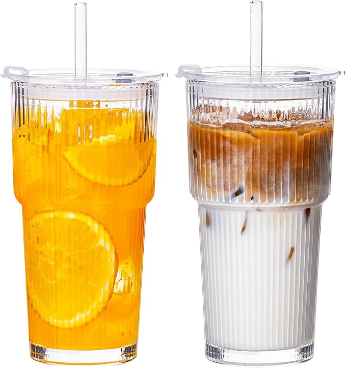 20oz Glass Tumblers with Straws and Lids 2 Pack, Ribbed Glass Cups, Leak Resistant Iced Coffee Cups, Thick Reusable Drinking Glasses, Fits Car Cup Holder, Clear Travel Coffee Cups