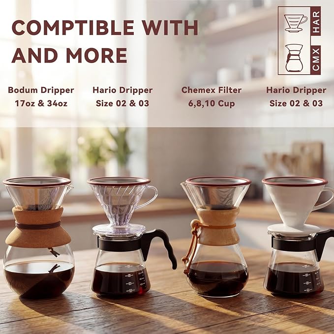 Coffee Filters Perfect Compatible for Chemex 6,8,10 Cup Glass Coffeemaker,Suitable for Bodum & Hario V60,Reusable Stainless Steel Coffee Dipper -Best Coffee Maker and Bar Accessories