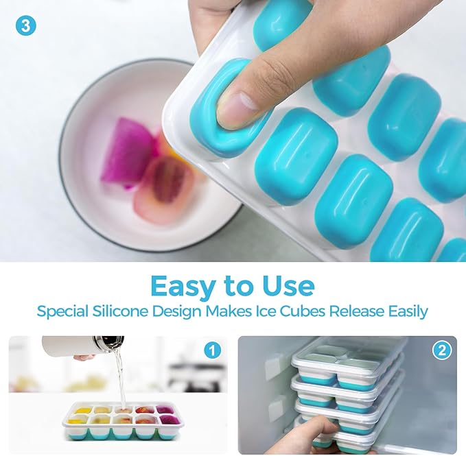 DOQAUS Ice Cube Tray with Lids - 4 Pack Stackable Silicone Ice Trays for Freezer, BPA & LFGB Safe, Easy Release for Kitchen, RV, Cocktail, Coffee, Soup & Food