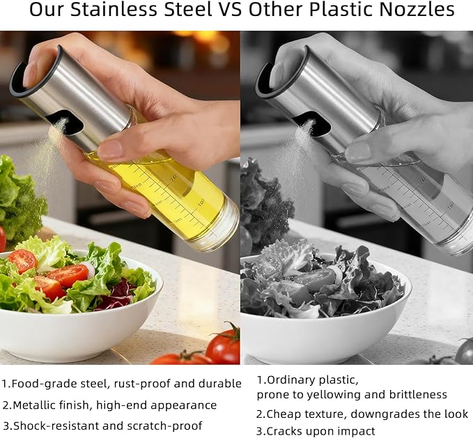Olive Oil Sprayer, 3.5oz/100ml Oil Sprayer for Cooking, Oil Sprayer for Air Fryer, Stainless Steel Pump for Mist Spray, Food Grade Glass Metarial Mister for Kitchen Gadgets, Salad, BBQ
