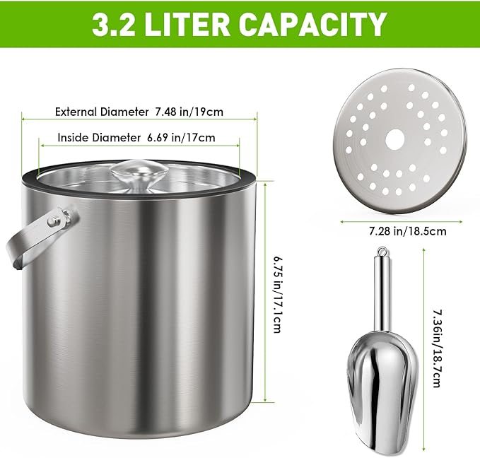 3.2L/3.4QT Insulated Ice Bucket with Silicone Lid, Tongs & Strainer, Double Wall Stainless Steel Ice Bucket for Parties and Cocktail Bar, Upgraded Silicone Cover Keep Ice Frozen Longer