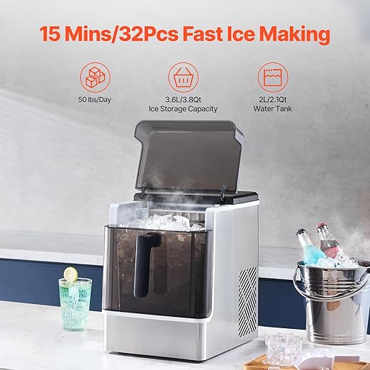 VEVOR Ice Cube Maker Countertop, 32 Cubes Ready in 15 Mins, 50lbs/24h Self-Cleaning Portable Ice Maker with Convenient Ice Transfer, 3 Sizes Ice Cube Maker Machine for Home Kitchen Office Party