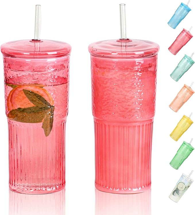 QWEZXO 20 OZ Glass Cup with Lids and Glass Straws, High Borosilicate Iced Coffee Glass Tumblers with Lid and Straw for Drinks, 2pcs Reusable Wide Mouth Smoothie Cup(Red)