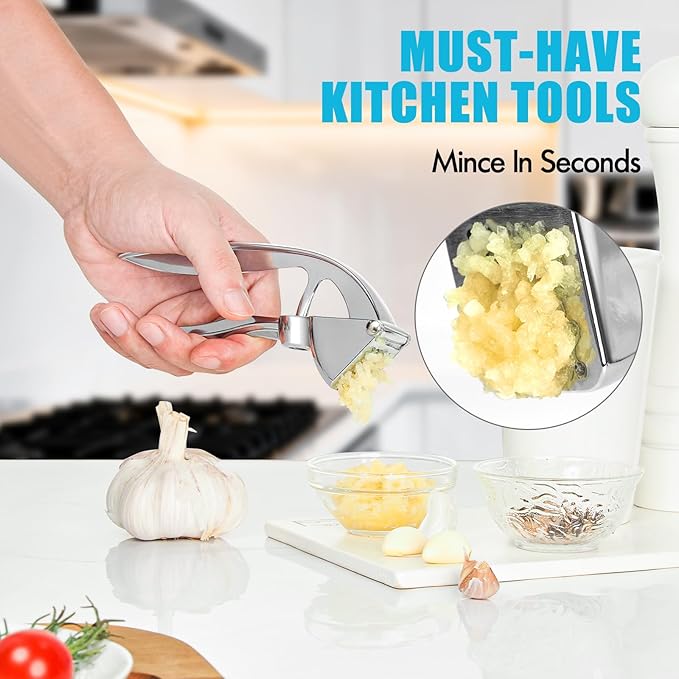 Garlic Press, Premium Kitchen Metal Garlic Crusher Masher Tool, Rust Proof & Dishwasher Safe, Heavy Duty Professional Garlic Mincer with Ergonomic Handle, Easy to Squeeze and Clean -Silver