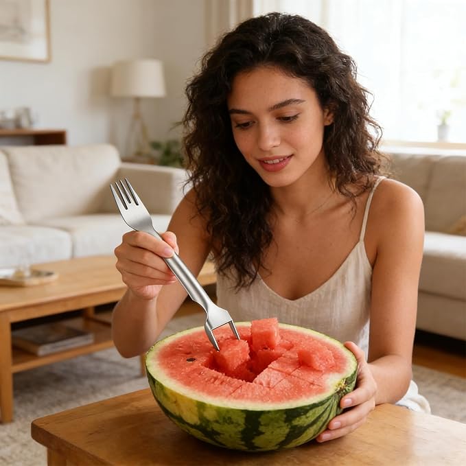 2-in-1 Watermelon Fork Slicer Cutter, Dual Head Watermelon Cube Cutter, Multipurpose Fruit Cutting Knife Summer Stainless Steel Watermelon Slicer for Kitchen Gadgets, Parties, Camping
