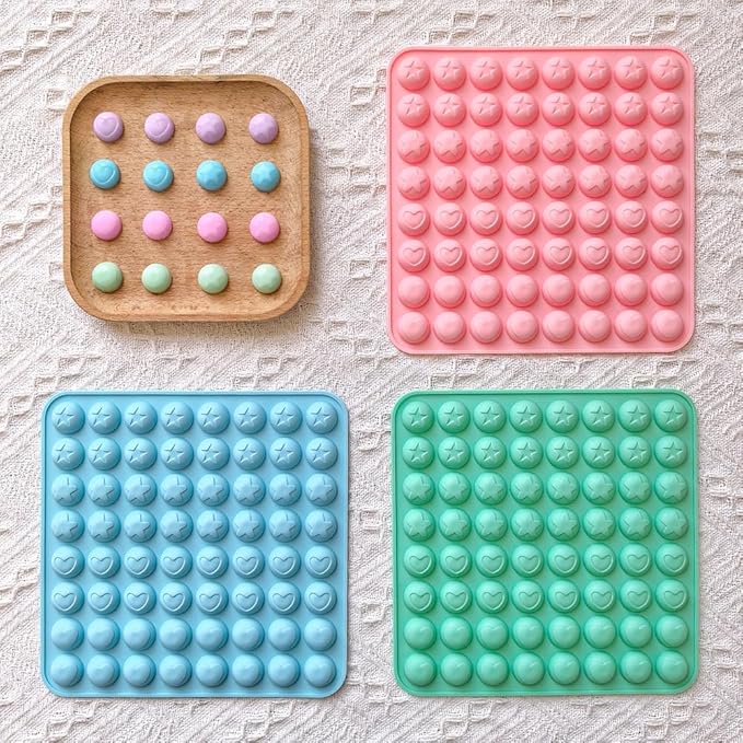 3Pcs Mini Round Silicone Mold,64 Holes Semicircle Mold With Pentagram Heart Pattern Design,Semi Sphere Shaped Mold For Small Half Ball Pellet Chocolate, Gummy Candy, Wax Melts Beads, Ice Balls,Biscuit