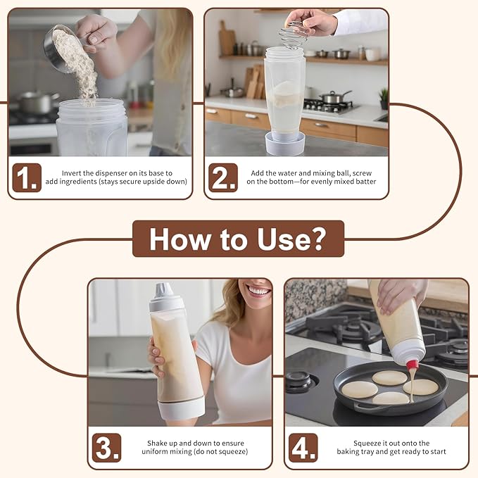 bCrush Pancake Batter Dispenser with Blender Balls, Equipped with Silicone Spatula Pancake Mixer Bottle, Kitchen Batter Squeezer Bottle Suitable for Cupcakes, Pancakes, and Muffins