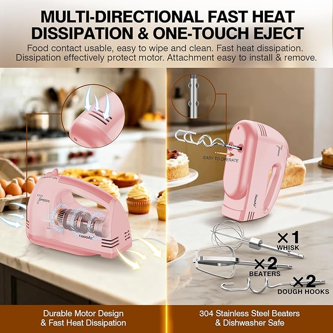 Electric Kitchen Mixer, Small 7-Speed Mixer, Dishwasher-Safe 304 Accessories (1 Whisk, 2 Dough Hooks, 2 Beaters), Mixes Various Ingredients, for Both Beginners and Bakers, Pink
