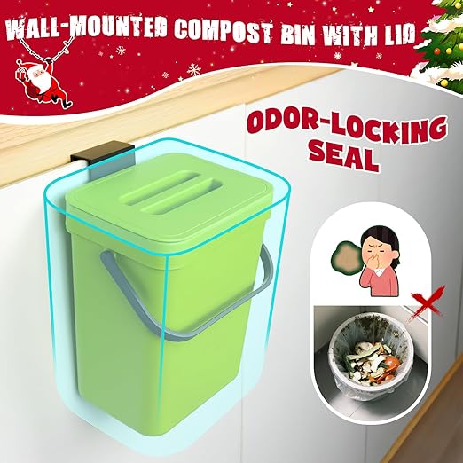 Kitchen Waste Bin with Hooks 5L, Indoor Kitchen Sealed Under Sink for Kitchen, Food Waste Bin for Countertop (Green)