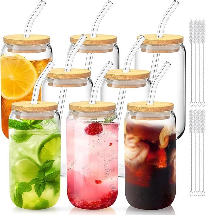 Glass Cups with Lids and Straws Set of 8 – 16oz Iced Coffee Tumblers for Family Gatherings, Holiday Parties, and Daily Drinks – Gift-Ready Drinkware for Christmas or Thanksgiving
