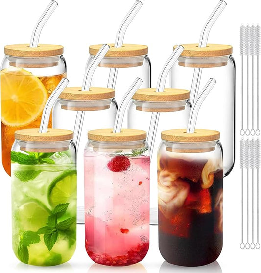Glass Cups with Lids and Straws Set of 8 – 16oz Iced Coffee Tumblers for Family Gatherings, Holiday Parties, and Daily Drinks – Gift-Ready Drinkware for Christmas or Thanksgiving