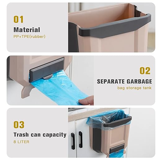 Hanging Kitchen Trash Can, Foldable Waste Bin for Kitchen, Collapsible Hang Small Plastic Garbage Can 2.4 Gallon for Cabinet/Car/Bedroom/Bathroom (Brown)