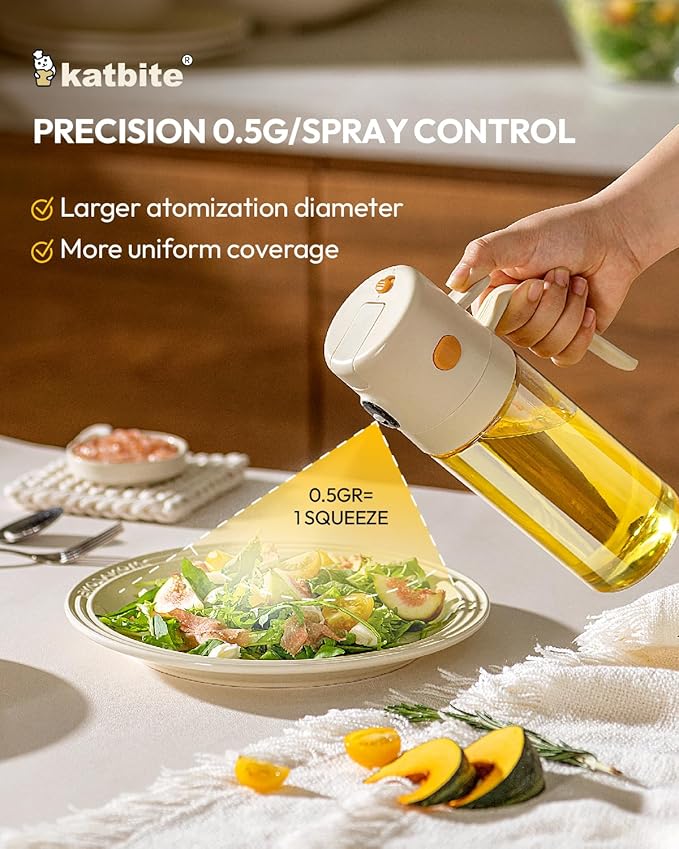 katbite 18.6 oz/550ml olive oil dispenser bottle for Cooking, 2 in 1 glass oil bottle and oil sprayer Non-Drip Leak-Proof Design, Fine Mist(0.5g/Spray) for Air Fryer, Salad, Yellow