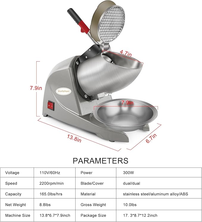 Electric Ice Shaver, Shaved Ice Machine, Especially for Home Use Ice Crusher, Dual Stainless Steel Shaving Blades, Double Covers,176lbs per hour,300W/1440rpm,Upgraded Version.