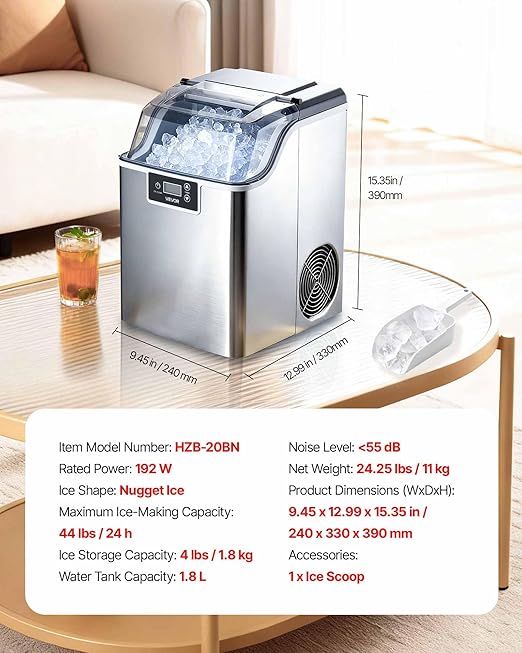 VEVOR Countertop Ice Maker, 44 lbs per Day, Self-Cleaning Portable Machine with Scoop, 4 lbs Ice-Storage Basket, Nugget Ice-Making Machine with Chewable ICES for Home, Kitchen, Office, Bar & Party