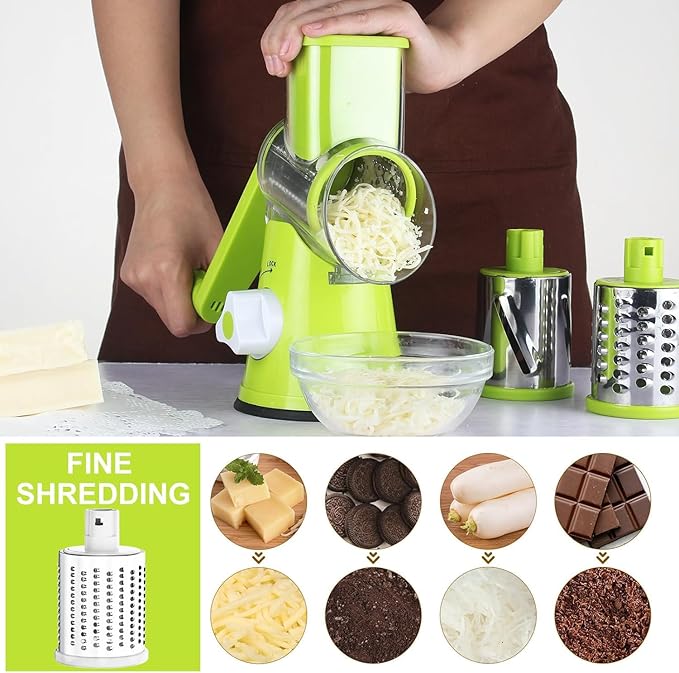 Cambom Rotary Cheese Grater Hand Crank Cheese Shredder for Fresh Cheese, Vegetable, Nuts,Non-slip Suction Base, Free Cleaning Brush Three Blades, Green