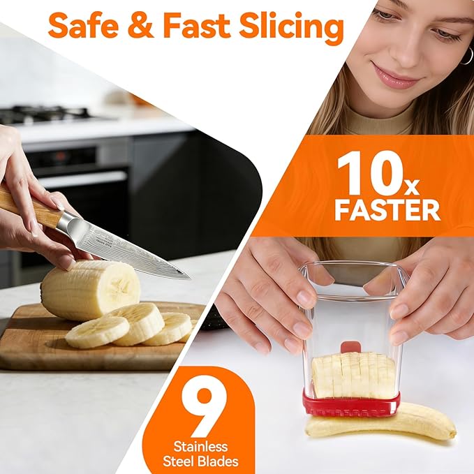 3-in-1 Strawberry Banana Egg Slicer Cup | Detachable Fruit Cutter with Push Plate for Effortlessly Safe Slicing | Quick Meal Prep & Snacks Kitchen Gadget (Red)