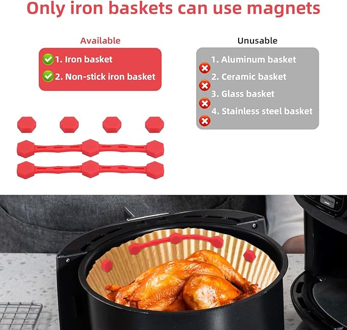 2 Sets Air Fryer Magnet Silicone Buckle, Air Fryer Magnets for Parchment Paper Liners Silicone Magnetic Buckle Prevent Paper Burning Kitchen Accessories (Red)