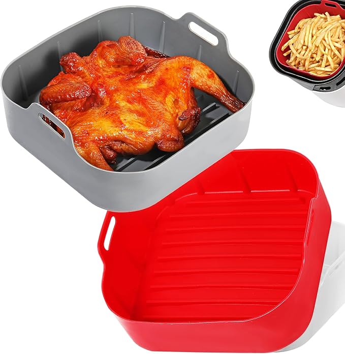 Air Fryer Silicone Liners, Pot 2 Pcs Reusable Non-Stick Air Fryer Basket Bowl Fit 3-6QT Air fryer Baking Replacement of Flammable Parchment Paper(Square, 7.5 Inch)