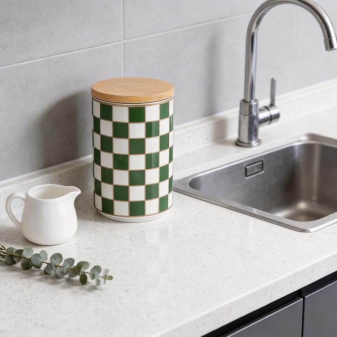 Kitchen Countertop Ceramic Checkered Canisters,Black And White Food Storage Containers With Lid,Airtight Kitchen Canisters for Flour, Sugar, Coffee, Tea, and Dry Goods (Green, Large)