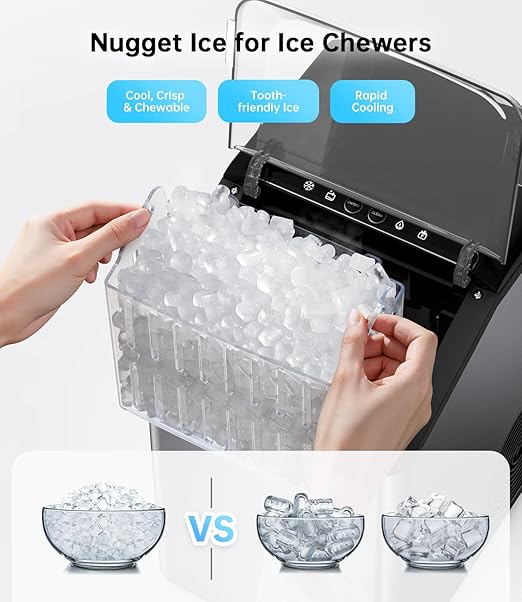 Ice Maker Nugget Countertop 40LBS Pebble Ice Machine,Quick Ice Making,Soft Crunchy Sonic Portable Small Frozen Ice Makers, Quiet Anti-Scale Self Cleaning Tabletop/Office/Home/Party/Camping,Metal Black