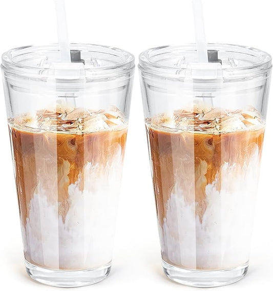 15oz Iced Coffee Glass Cup with Lid and Straw Thick Leak Proof Drinking Glasses Tumbler Set of 2 for Gift Cold Drink Smoothie Boba Tea(Clear*2)
