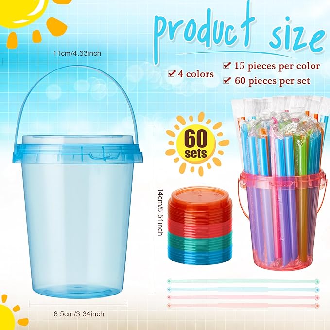 Funnymoom 60 Set 34oz Disposable Plastic Drink Buckets with Lids and Straws Pastel Iced Coffee Cups Rum Buckets for Cocktail Parties Smoothie Cup Bulk with Handles for Beach Pool Party Supplies