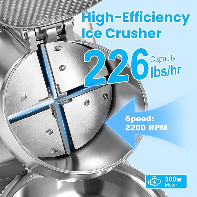 Four Blades 226lbs/hr Electric Ice Crusher, 300W Ice Shaver, 2200 RPM Shaved Ice Machine with Extra Blade and Ice Pick for Home and Commercial Use, ETL-Listed, Silver
