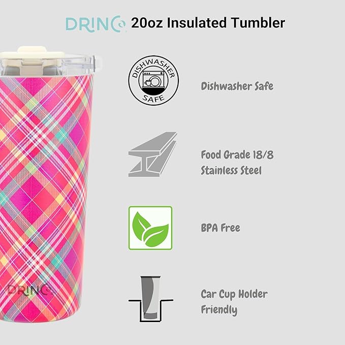 Drinco - 20 oz Stainless Steel Tumbler | Double Walled Vacuum Insulated Mug With Lid, 2 Straws, For Hot & Cold Drinks (20oz Madras Plaid)