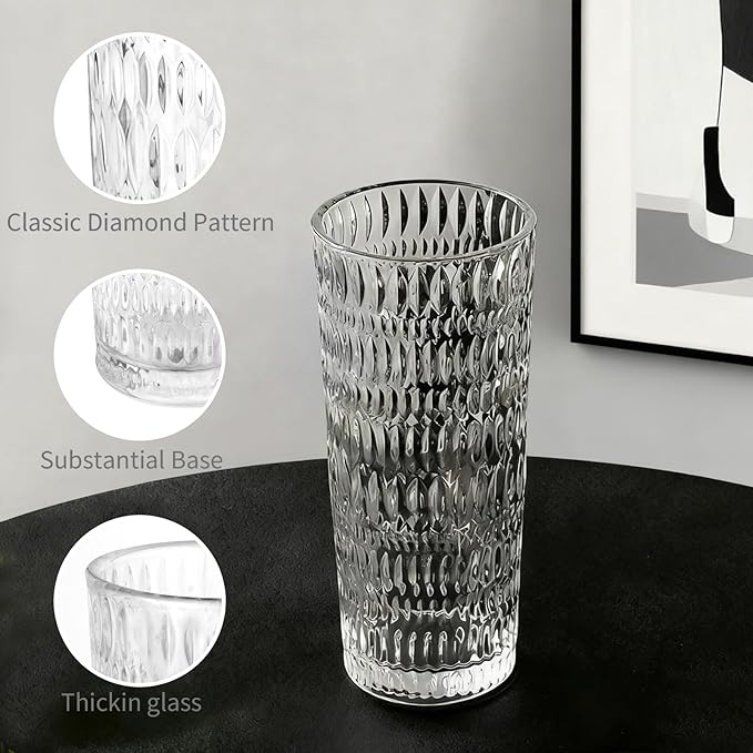 Puraville 2 Pack 18oz Glass Cups with Lids and Straws, Vintage Diamond Pattern Thickened Glassware for Whiskey Cocktail Beer, Mason Jar Drinking Glasses Tumbler Iced Coffee Cup, Clear