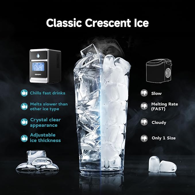 EUHOMY LunaArc Crescent Ice Maker Countertop, 16Pcs Ready in 12Mins, 1600Pcs/Day, Auto Deep Cleaning, Timer, Adjustable Ice Thickness, Portable Ice Cube Maker for Whiskey/Coffee/Soft Drinks