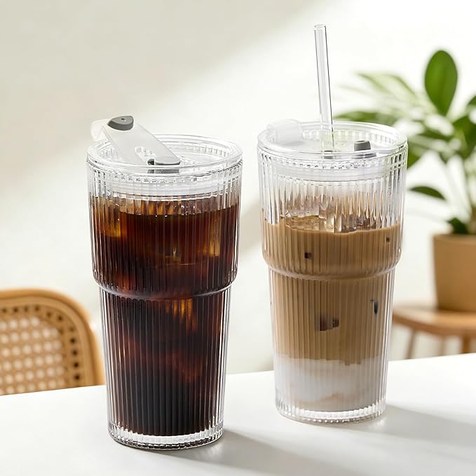 TUZAZO 20 Oz Ribbed Glass Tumblers with Lids and Straws - 4 Pack Reusable Glass Coffee Cups with Straws and Lids, Thicken Glass, Ideal for To Go Iced Coffee