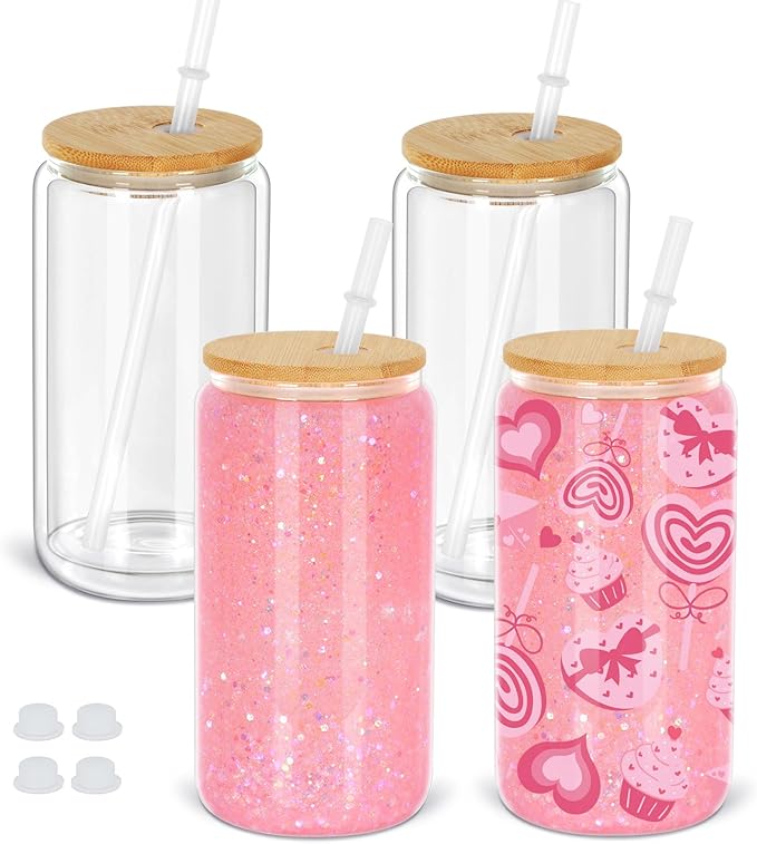 16 Oz Snow Globe Tumbler, 4 Pack Pre-Drilled Sublimation Glass Cup For Glitter Snow Globe Diy, Double Wall Sublimation Glass Tumbler