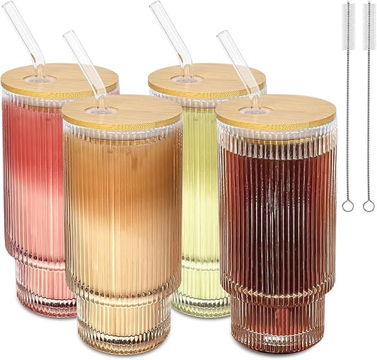16Oz glasses drinking set of 4,Ribbed Glass Cups With Lids And Straws,Glass Tumbler With Lid for Beer, Juice, Water, Iced coffee Cup,Whiskey